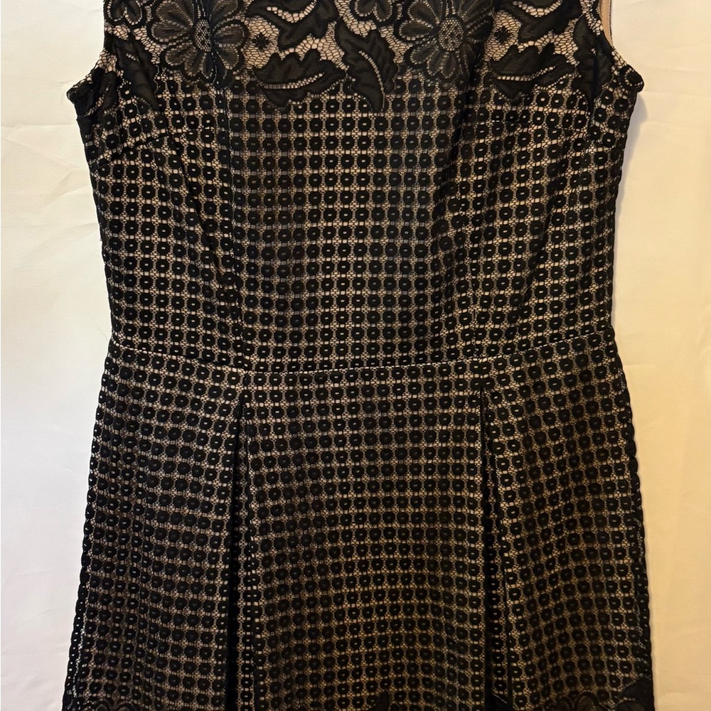 Adorn Black Lace & Nude Illusion Mini Dress with Geometric Skirt
